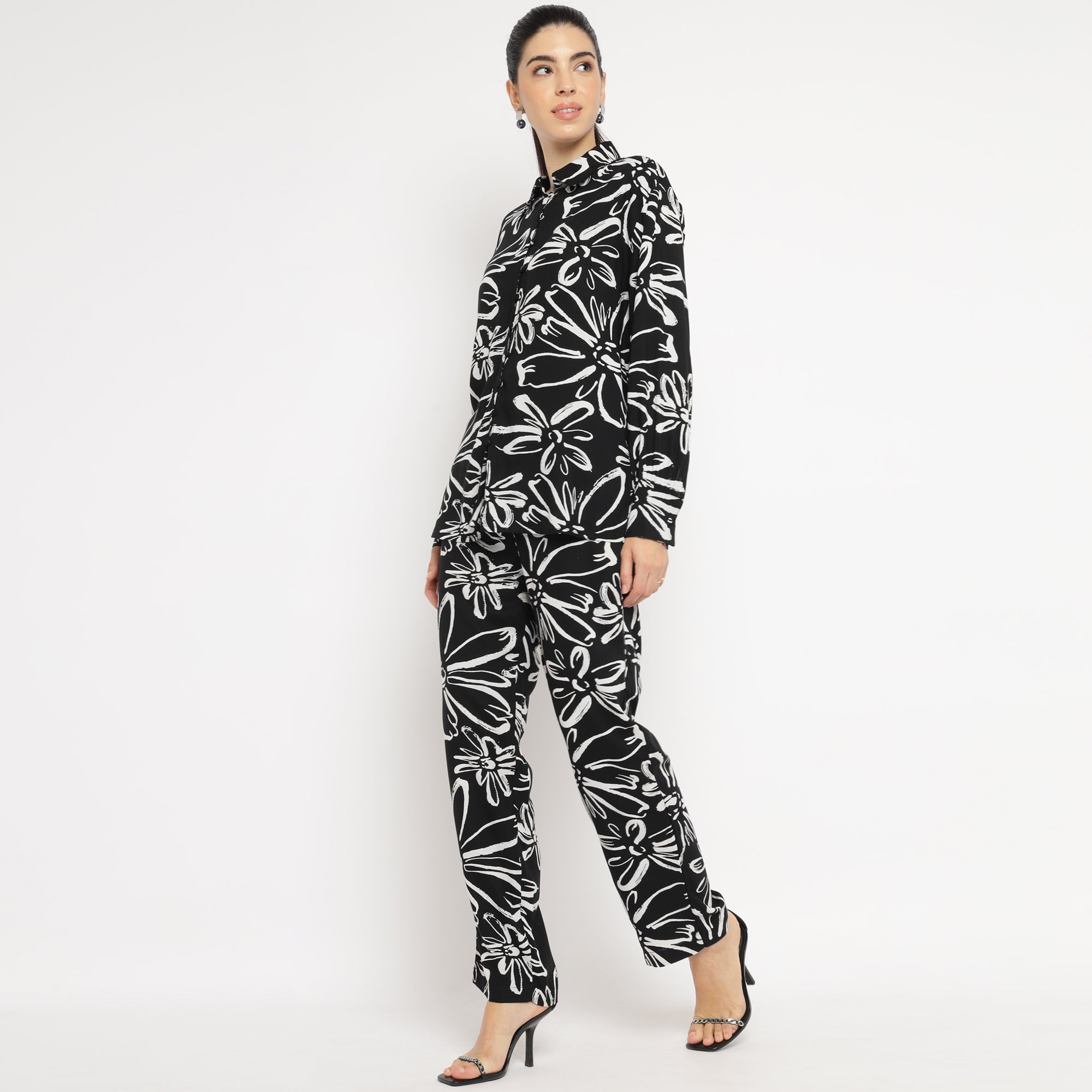 Black Oversized Floral Shirt and Straight Pants Co-ord Set
